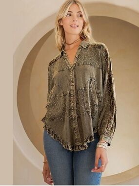 Young Threads Bohemian Elegance Stonewashed Rayon Blouse | Olive | Medium | NWT